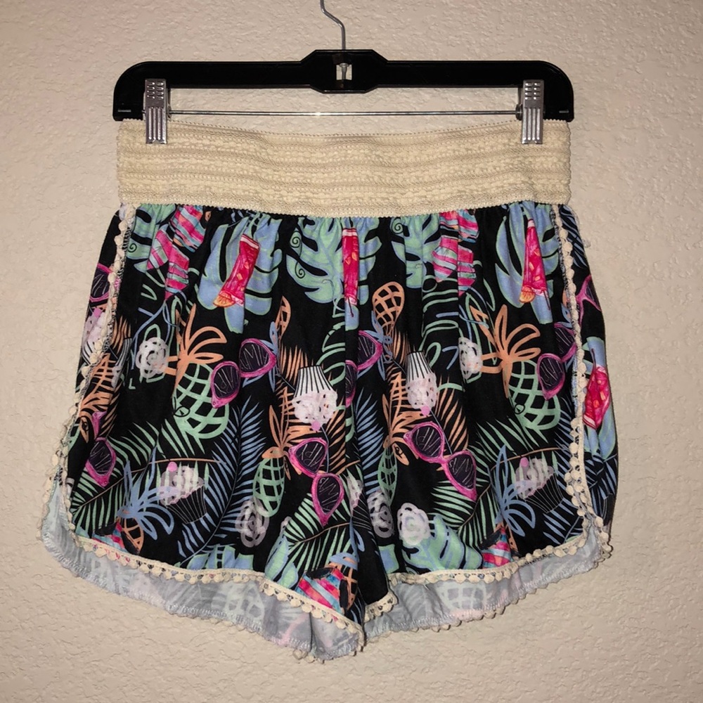 Tropical Print, Textured Elastic Band Shorts With Tiny Tassels On Hems